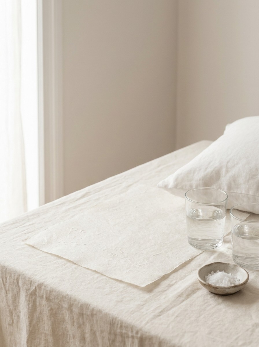 Two glasses of water, the corner of a white linen pillow and a small bowl of coarse salt at the lower-right of cream linen, the upper-left left empty.