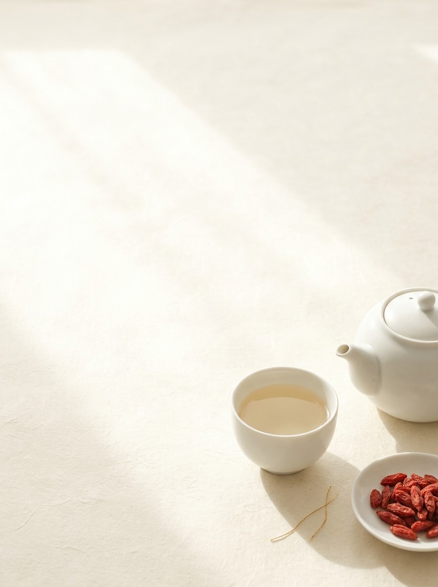A soft natural-light still life with the props at the lower-right and bright empty space at the upper-left.