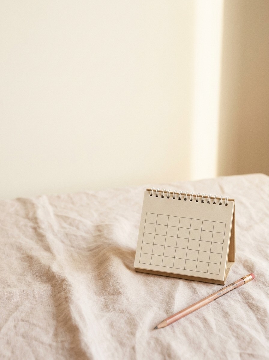 A blank spiral desk calendar and a pencil on pale linen, with open space at upper left.