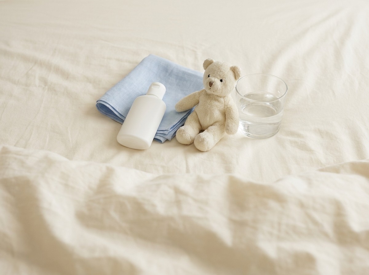 A plain white squeeze bottle, a folded light blue children's handkerchief, a small cream plush bear and a glass of water on a cream bedsheet in bright morning light.