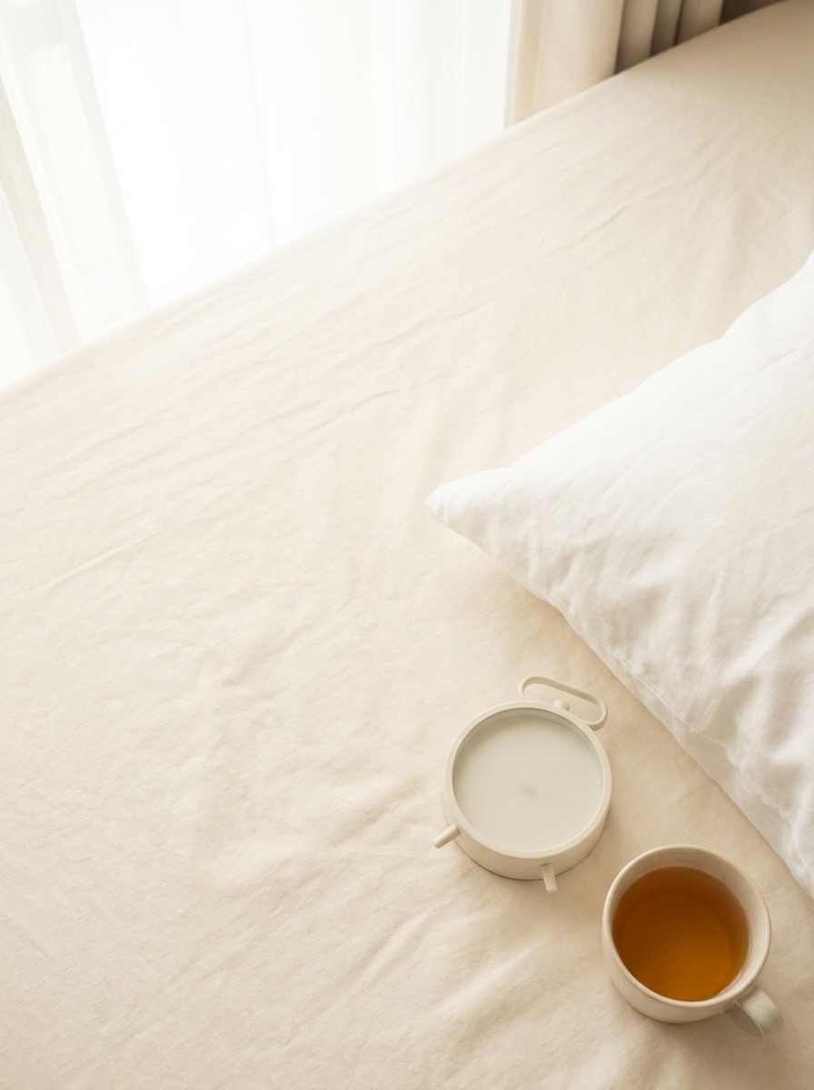 A white linen pillow corner, a small alarm clock with a blank face and a cup of barley tea pushed to the lower-right of cream bedding, the upper-left left empty.