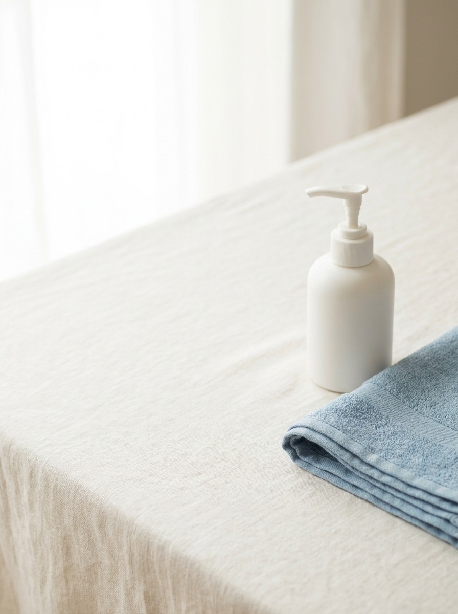 A plain white pump bottle of hand soap and a folded sky-blue children's hand towel on cream linen, with open space at upper left.