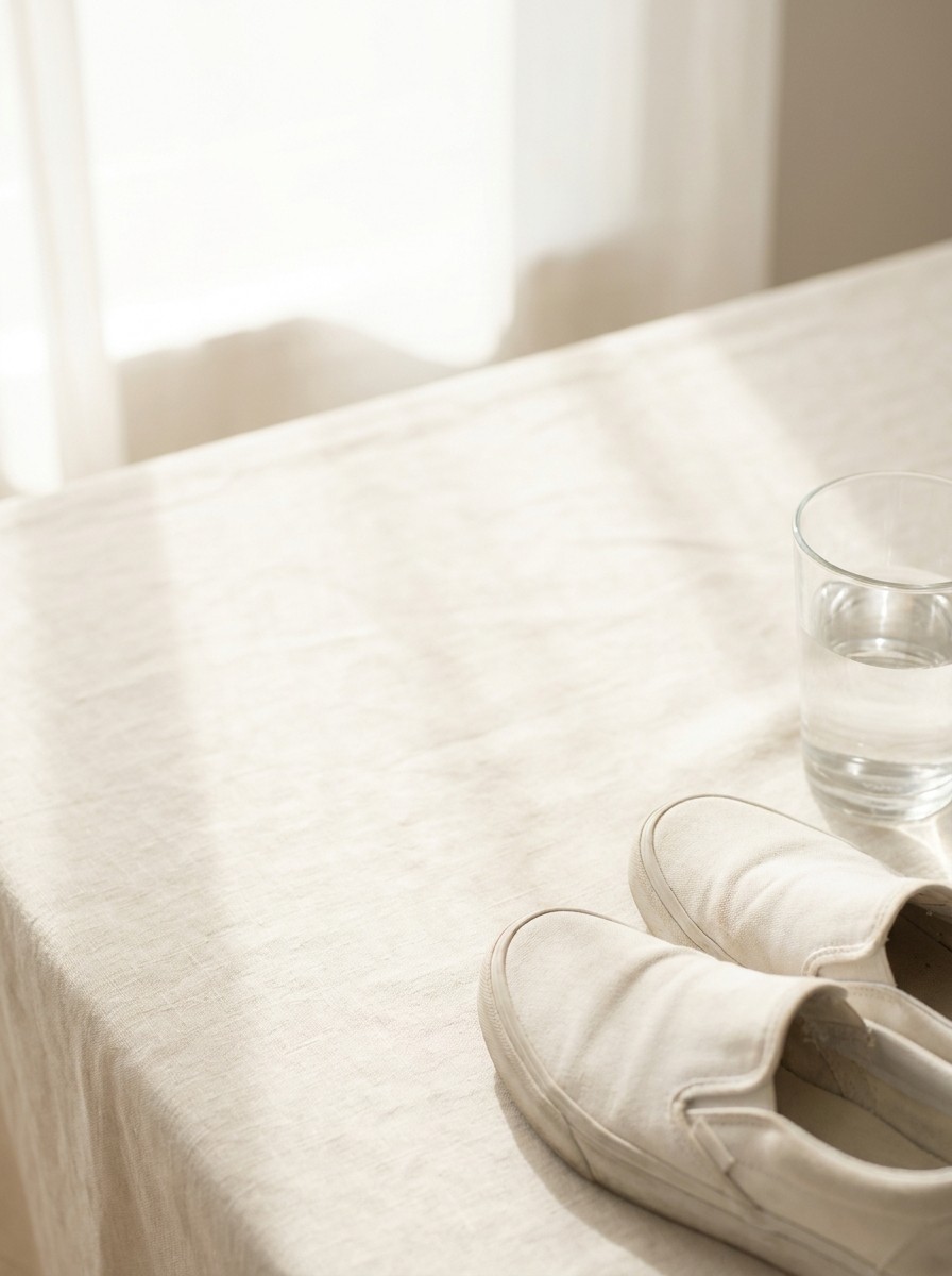 A pair of plain white canvas slip-on sneakers and a glass of water pushed to the lower-right of cream linen, the upper-left left empty in soft window light.
