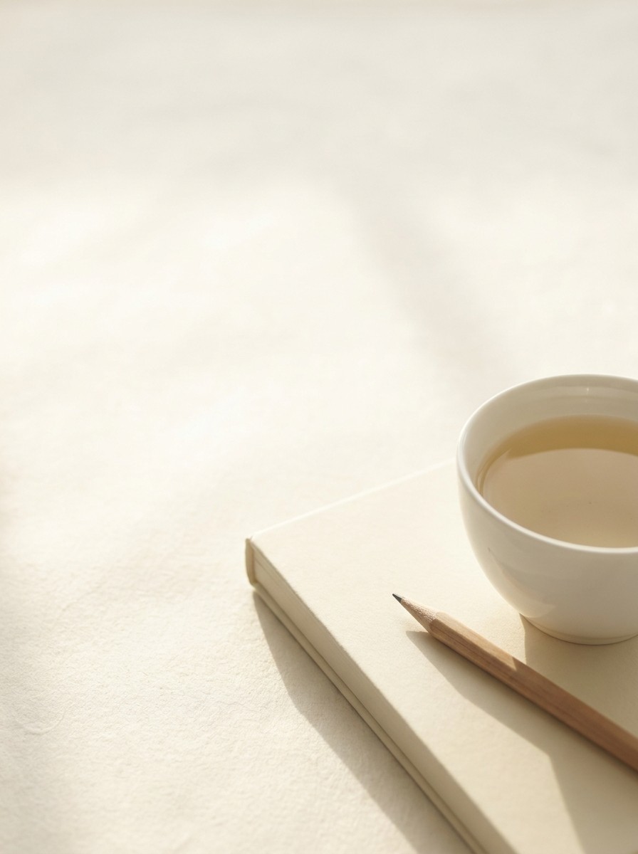 A closed cream notebook with a wooden pencil and a white porcelain cup of warm tea at the lower-right of cream hanji paper, the upper-left left empty.