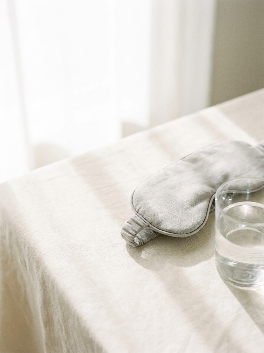 A folded gray sleep eye mask and a glass of water pushed to the lower-right of cream linen, the upper-left left empty.