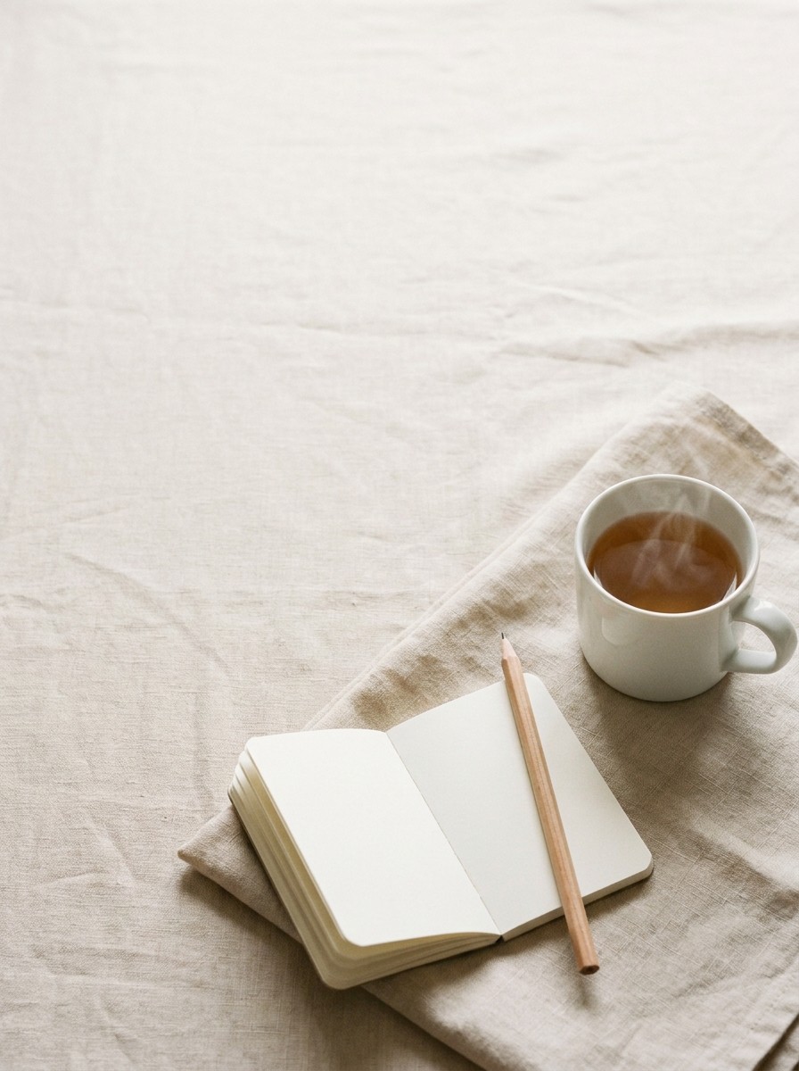 A small blank notebook with a pencil and a white cup of warm barley tea on beige linen, with open space at upper left.