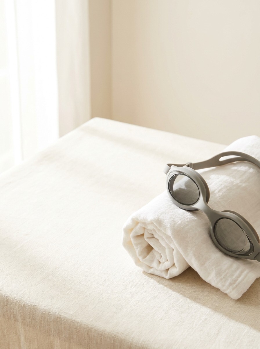 A pair of plain gray swim goggles resting on a rolled white towel at the lower-right of cream linen, with bright empty space at the upper-left.