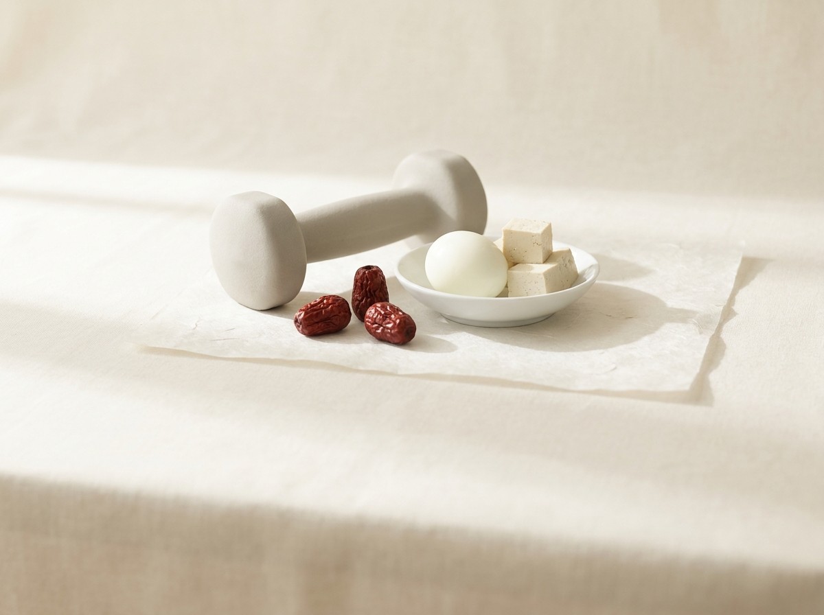 A small light-gray dumbbell, a white porcelain dish with a boiled egg and tofu cubes, and a few dried jujubes on hanji paper over cream linen.
