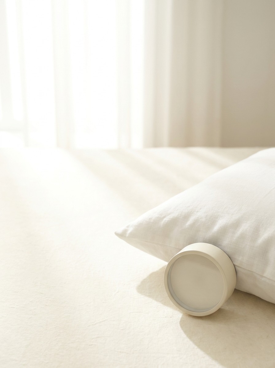 A small round alarm clock with a blank face and the corner of a white linen pillow at the lower-right of cream hanji paper, the upper-left left bright and empty.
