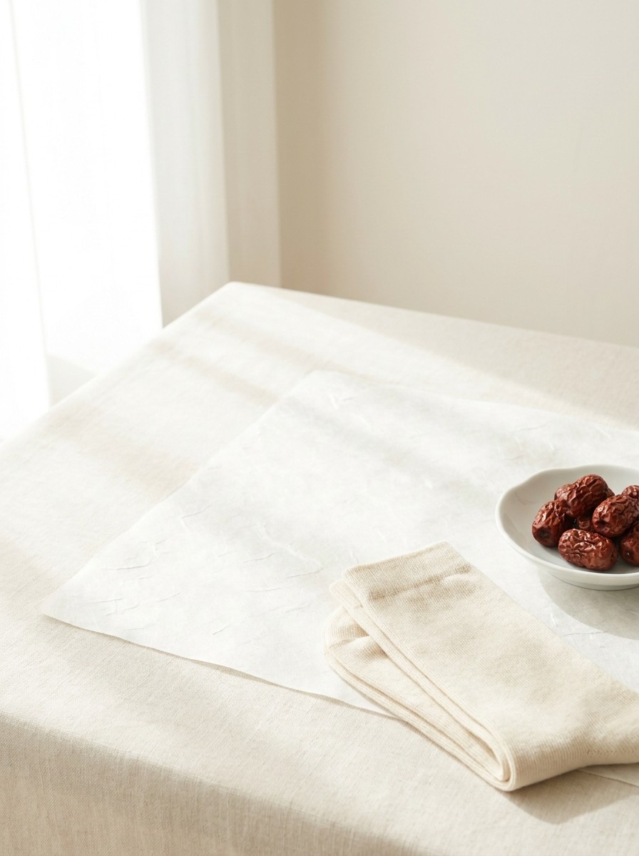 Folded cream cotton socks and a small white porcelain dish of dried jujubes pushed to the lower-right of cream linen and hanji, the upper-left left empty in soft window light.