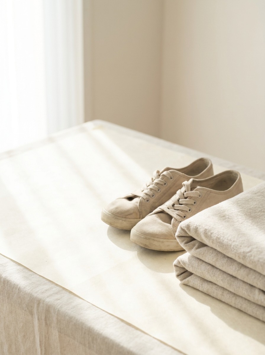 A pair of beige canvas walking shoes and a folded oatmeal cotton blanket at the lower-right of cream hanji paper, with bright empty space at the upper-left.