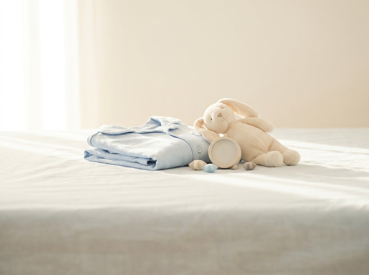 Folded pale blue children's pajamas, a soft cream plush bunny, a small alarm clock with a blank face and a few folded paper stars grouped on a cream bedsheet in soft morning light.