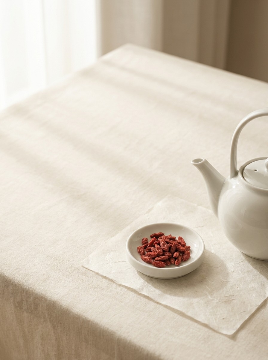 A white porcelain teapot and a small dish of dried goji berries on hanji paper at the lower-right of cream linen, with bright empty space at the upper-left.