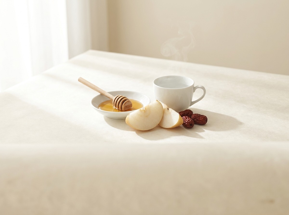 A porcelain dish of honey with a wooden dipper, a cup of warm water with faint steam, two slices of Korean pear and dried jujubes on cream hanji paper.