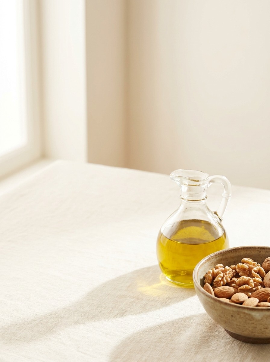 A small unlabeled glass cruet of olive oil and a ceramic bowl of walnuts and almonds pushed to the lower-right of cream linen, the upper-left left empty in soft window light.