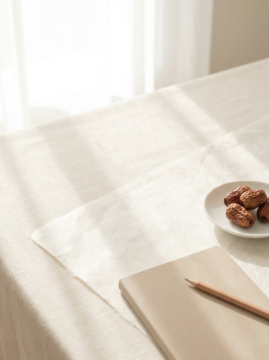 A blank notebook with a pencil and dried jujubes on a small white dish pushed to the lower-right of cream linen and hanji, the upper-left left empty in soft window light.