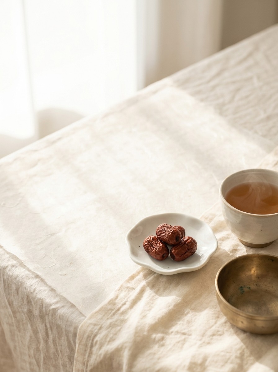 A small white porcelain dish of dried jujubes, a warm cup of tea and a small brass bowl pushed to the lower-right of hanji paper over cream linen, the upper-left left empty.
