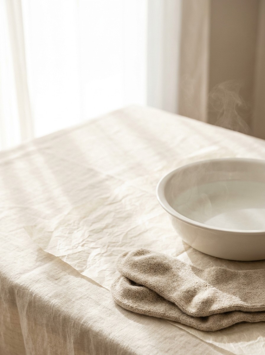 A white ceramic basin of warm steaming water and a pair of oatmeal wool socks at the lower-right of cream linen, the upper-left left bright and empty.