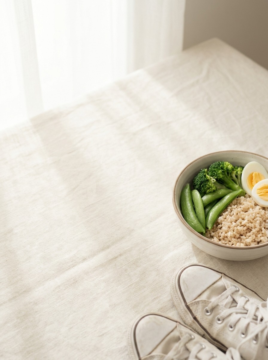 A pair of white sneakers and a ceramic bowl of brown rice with steamed vegetables and egg at the lower-right of cream linen, the upper-left left empty.