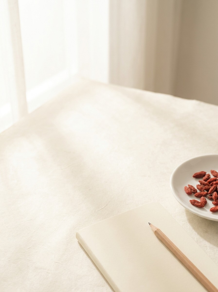 A small cream notebook with a wooden pencil and a white dish of dried goji berries at the lower-right of cream hanji paper, the upper-left left empty.