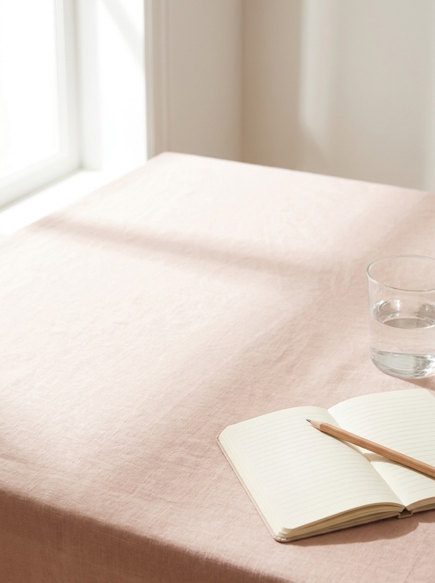 An open blank notebook with a pencil and a clear glass of water on blush linen, with open space at upper left.