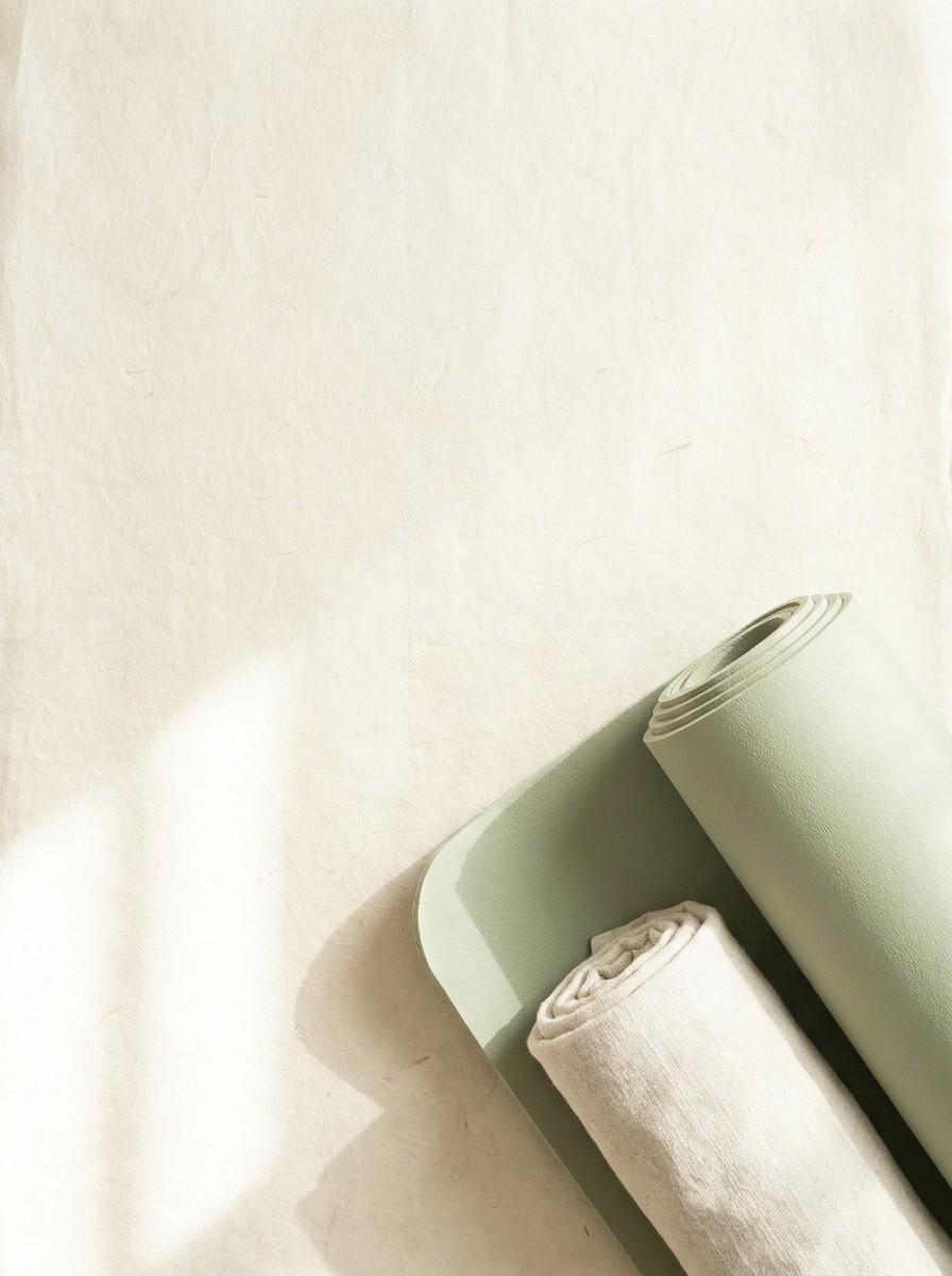 A partly unrolled pale sage yoga mat and a rolled linen towel pushed to the lower-right of cream hanji paper, the upper-left left empty.