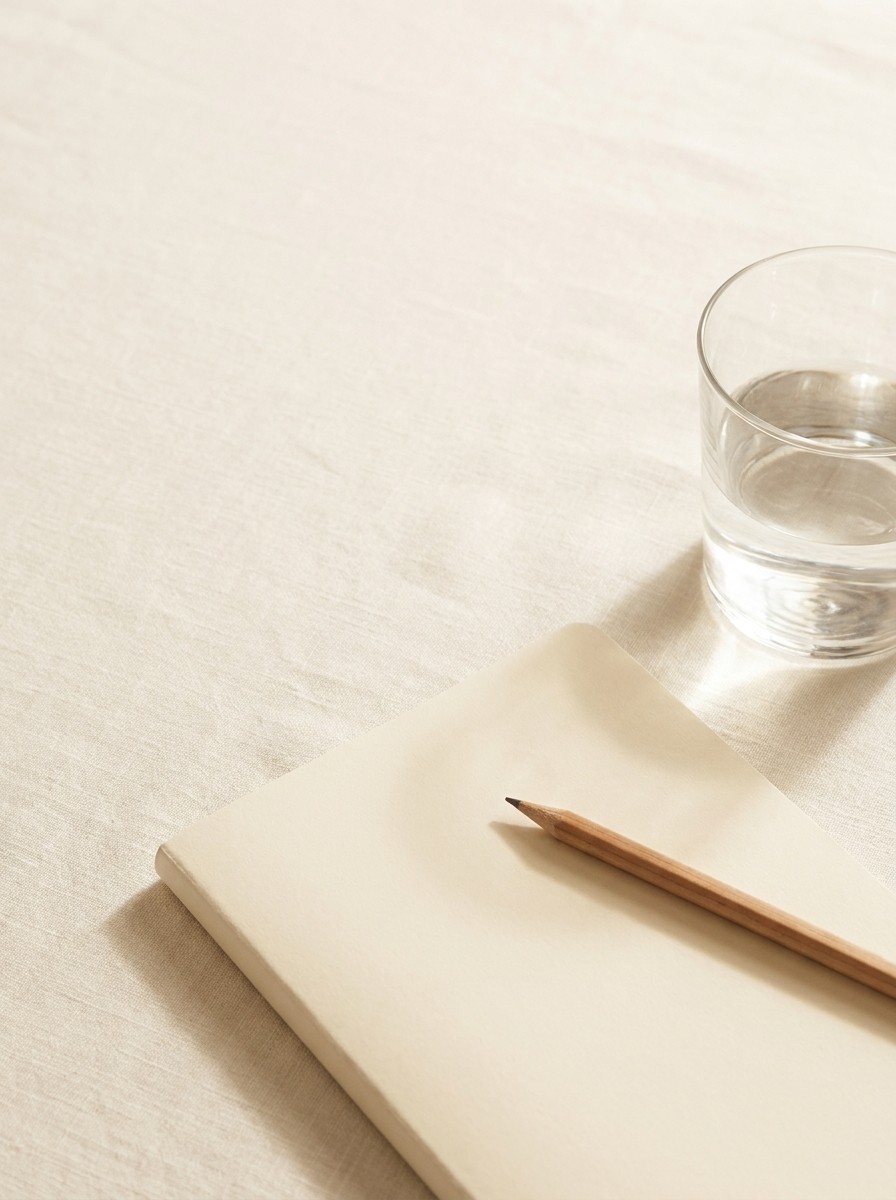 A closed cream notebook with a wooden pencil and a glass of water at the lower-right of cream linen, the upper-left left bright and empty.