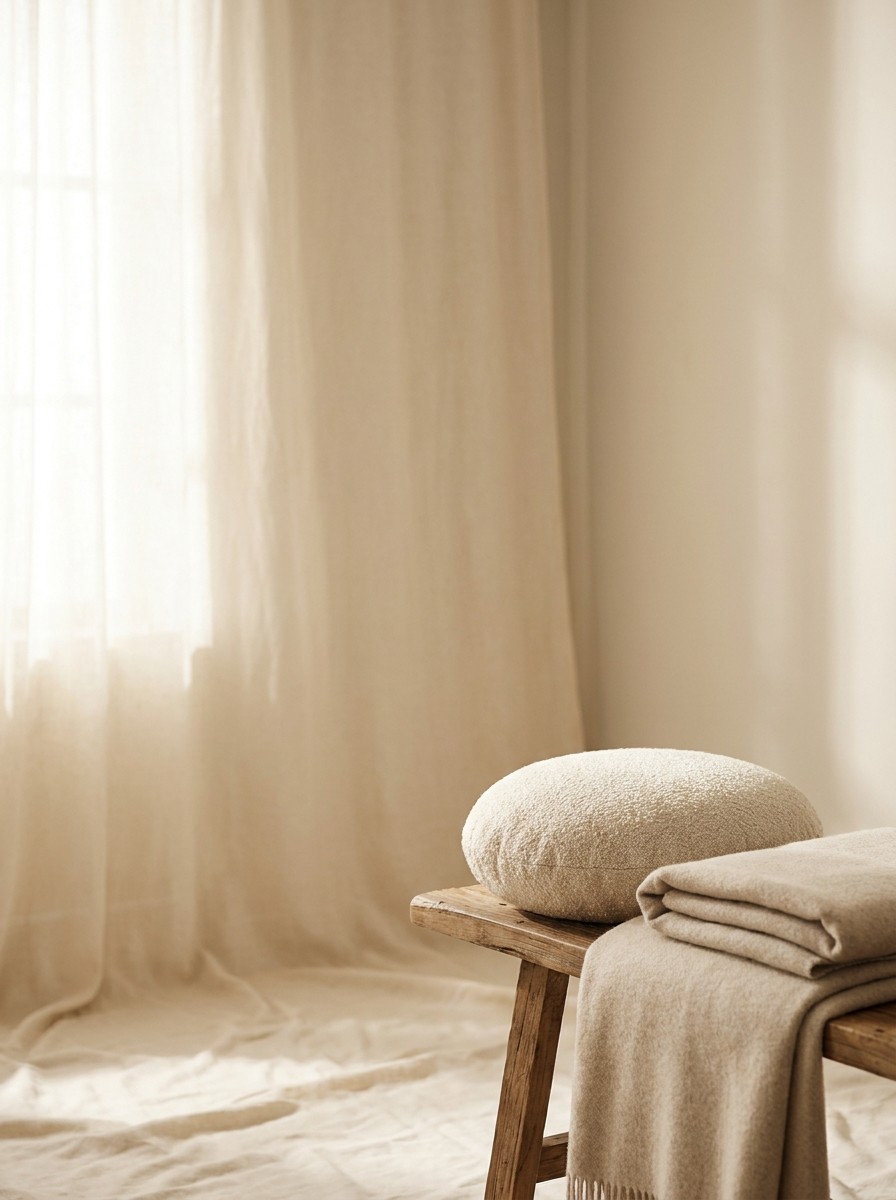 A round cushion and a folded oatmeal blanket on a wooden bench at the lower-right, with bright empty space at the upper-left.