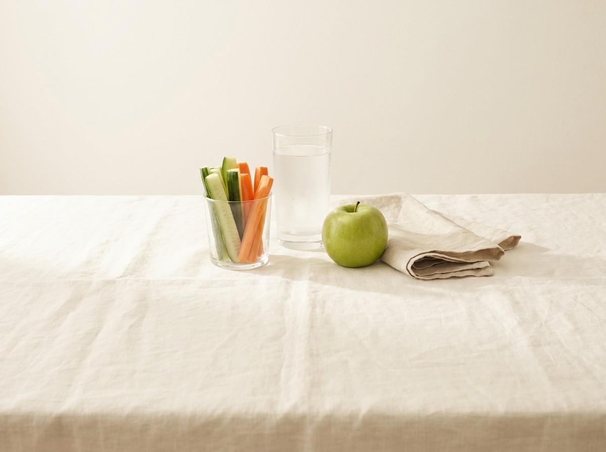 A short glass of cucumber and carrot sticks, a tall glass of cold water, a green apple and a folded linen napkin clustered on cream linen in soft window light.