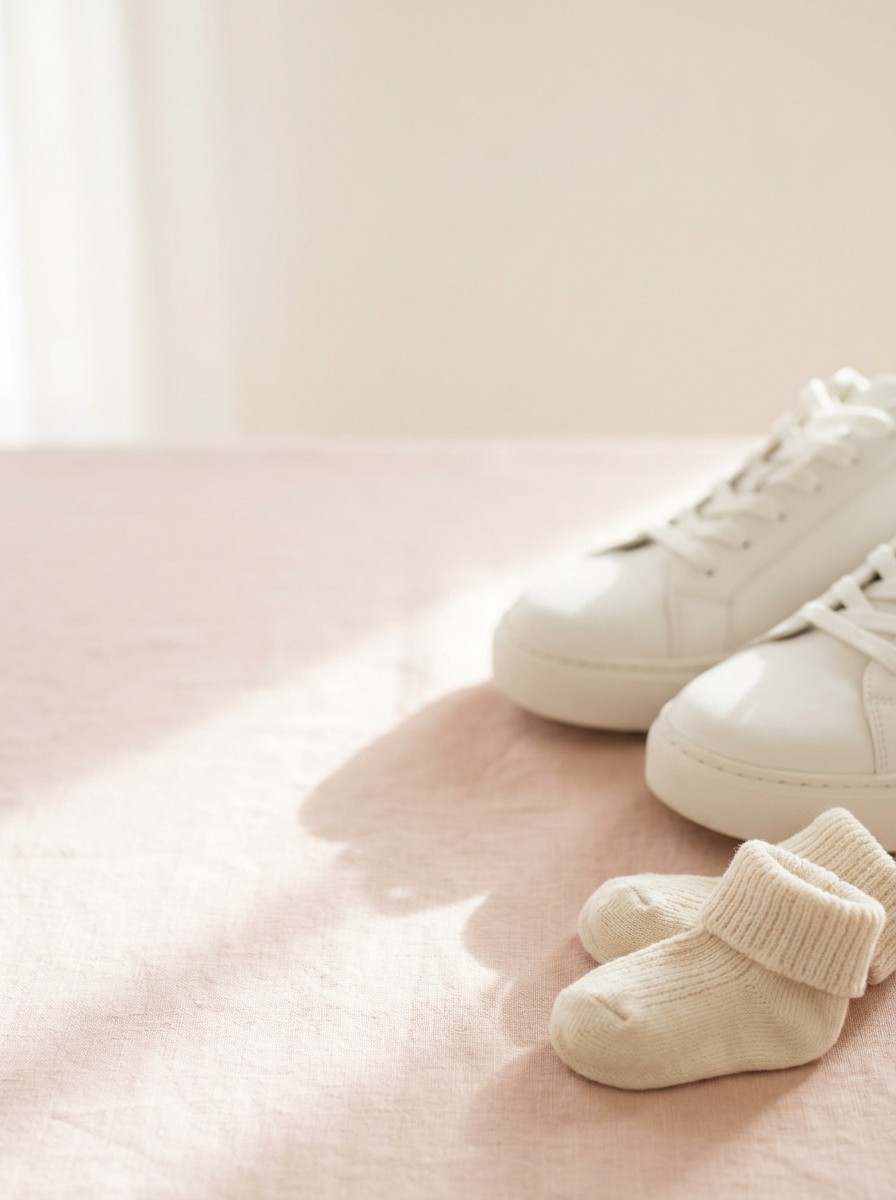 A pair of white walking sneakers and a pair of tiny cream baby socks on blush linen, with open space at upper left.