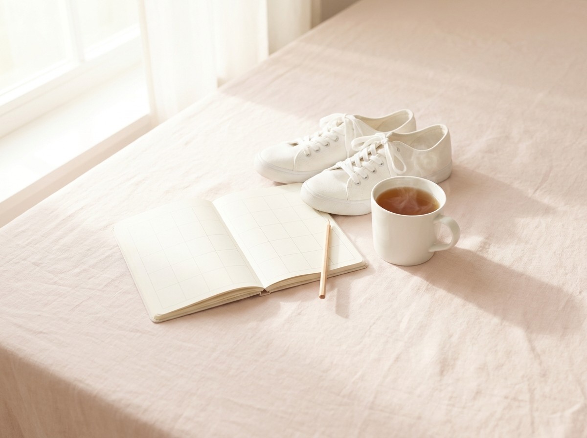 An open blank grid planner with a wooden pencil, a pair of white canvas sneakers and a white mug of warm tea on pale blush-pink linen in soft window light.