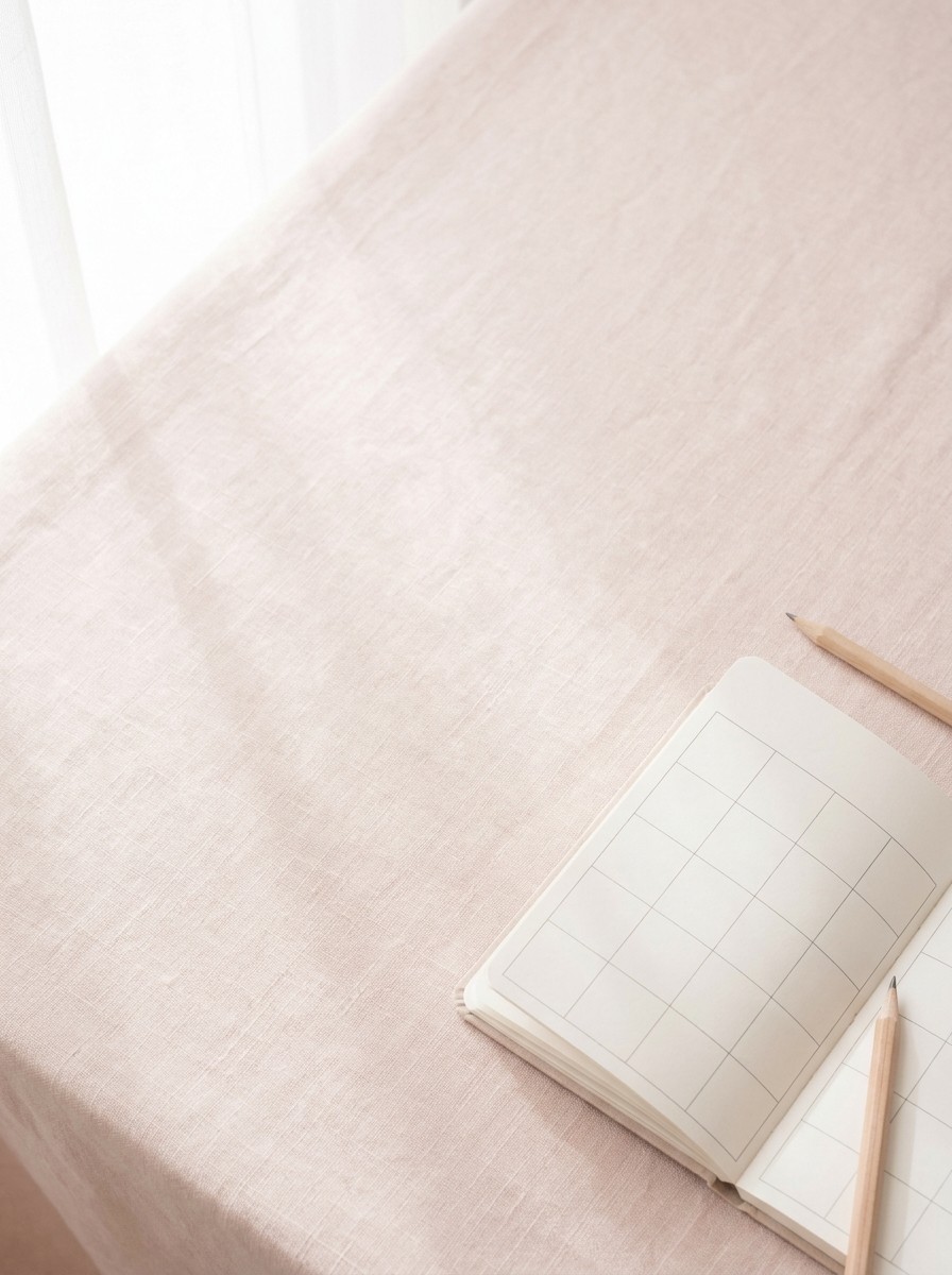 An open blank grid planner and a wooden pencil on pale blush-pink linen, with open space at upper left.