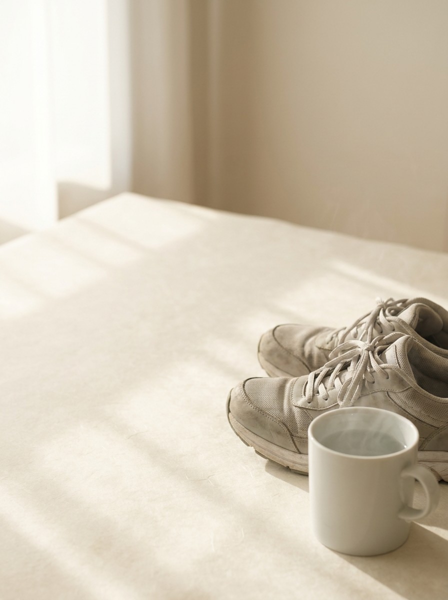 A soft natural-light still life with the props at the lower-right and bright empty space at the upper-left.