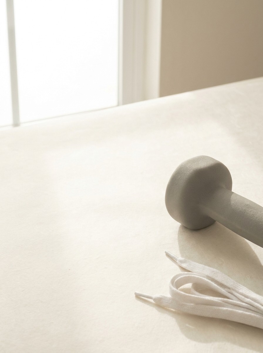 A small gray dumbbell and a coiled white shoelace pushed to the lower-right of cream hanji paper, the upper-left left empty.