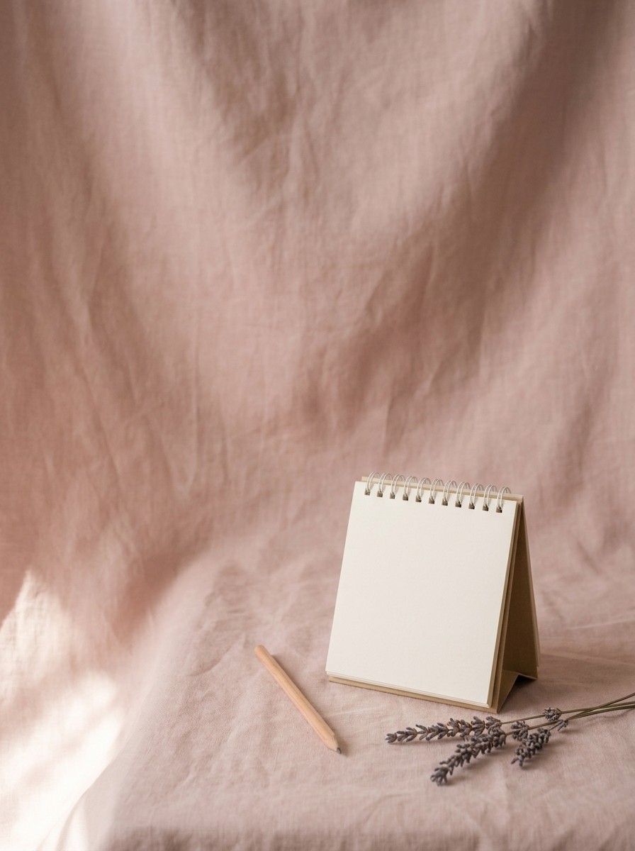 A small blank paper desk calendar, a pencil and a sprig of dried lavender on dusty-rose linen, with open space at upper left.