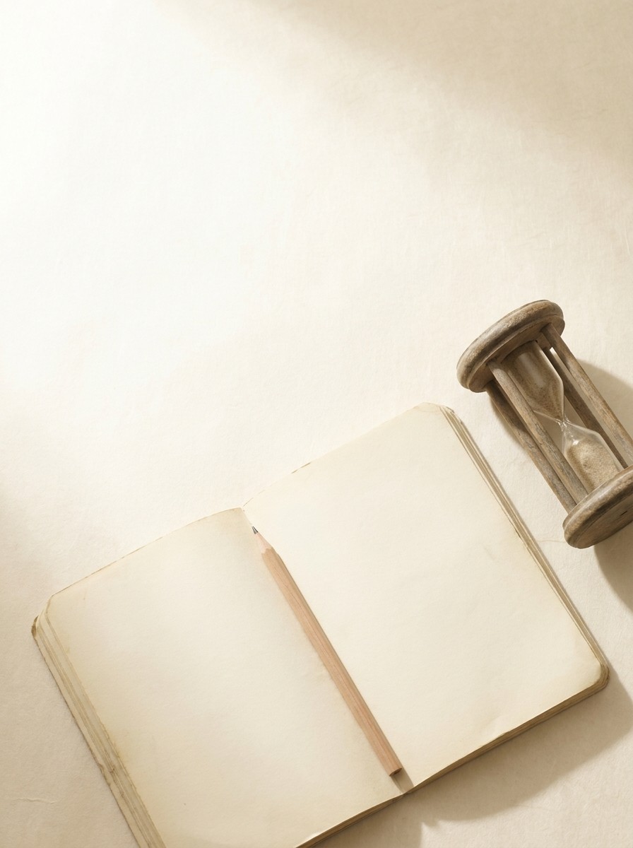 An open blank notebook with a pencil and a wooden hourglass at the lower-right of cream hanji paper, the upper-left left empty.