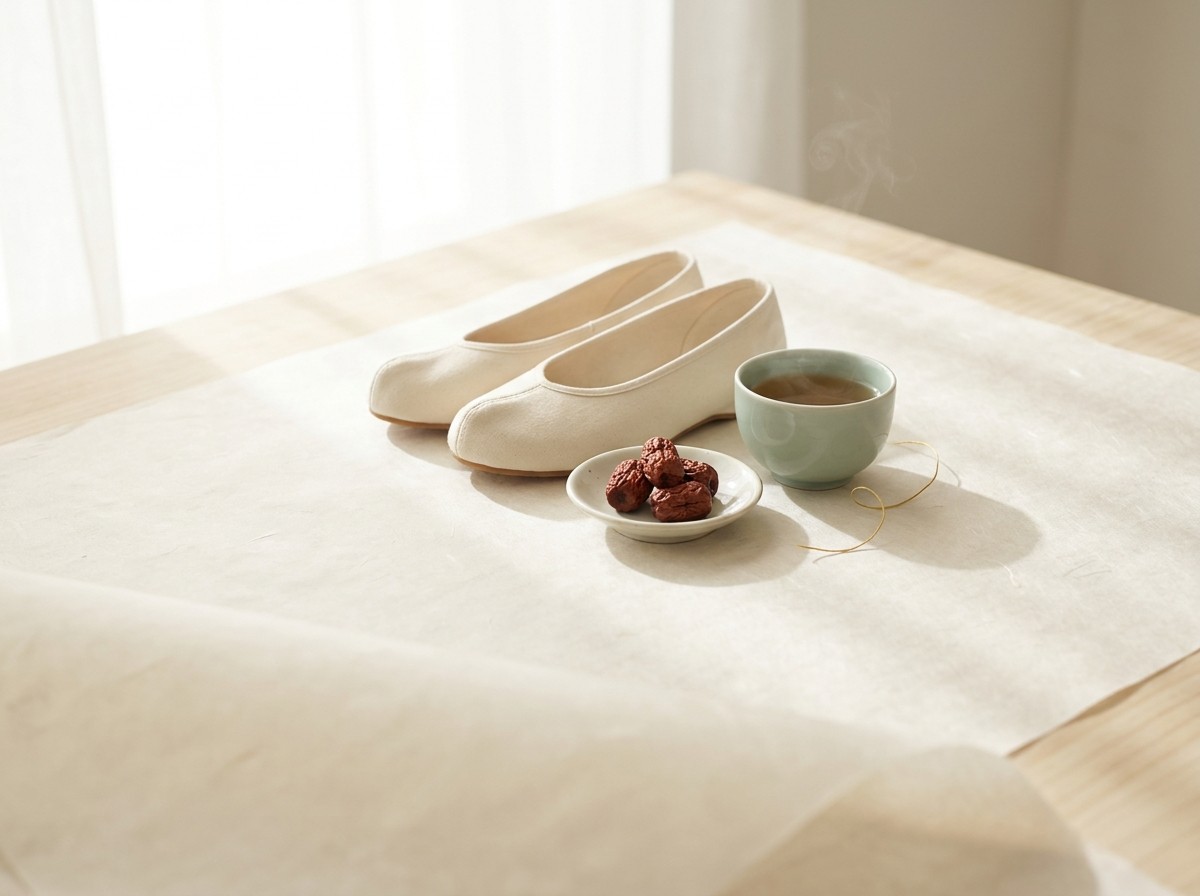 A pair of soft cream cloth slip-on shoes, a white porcelain dish of dried jujubes, a celadon cup of warm tea and a thin gold thread clustered on cream hanji paper in soft window light.