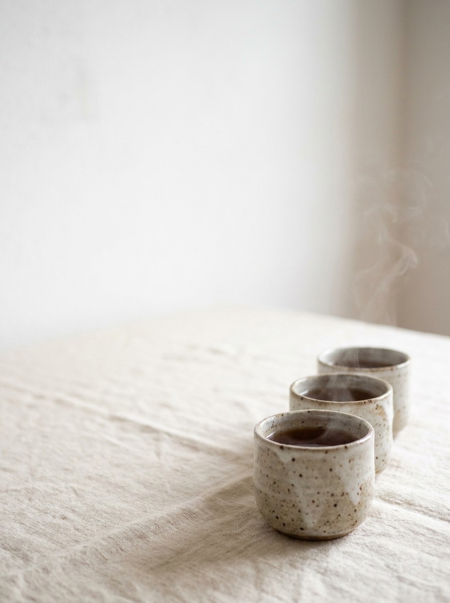 Three small ceramic cups of warm tea in an evenly spaced row at the lower-right of cream linen, with bright empty space at the upper-left.