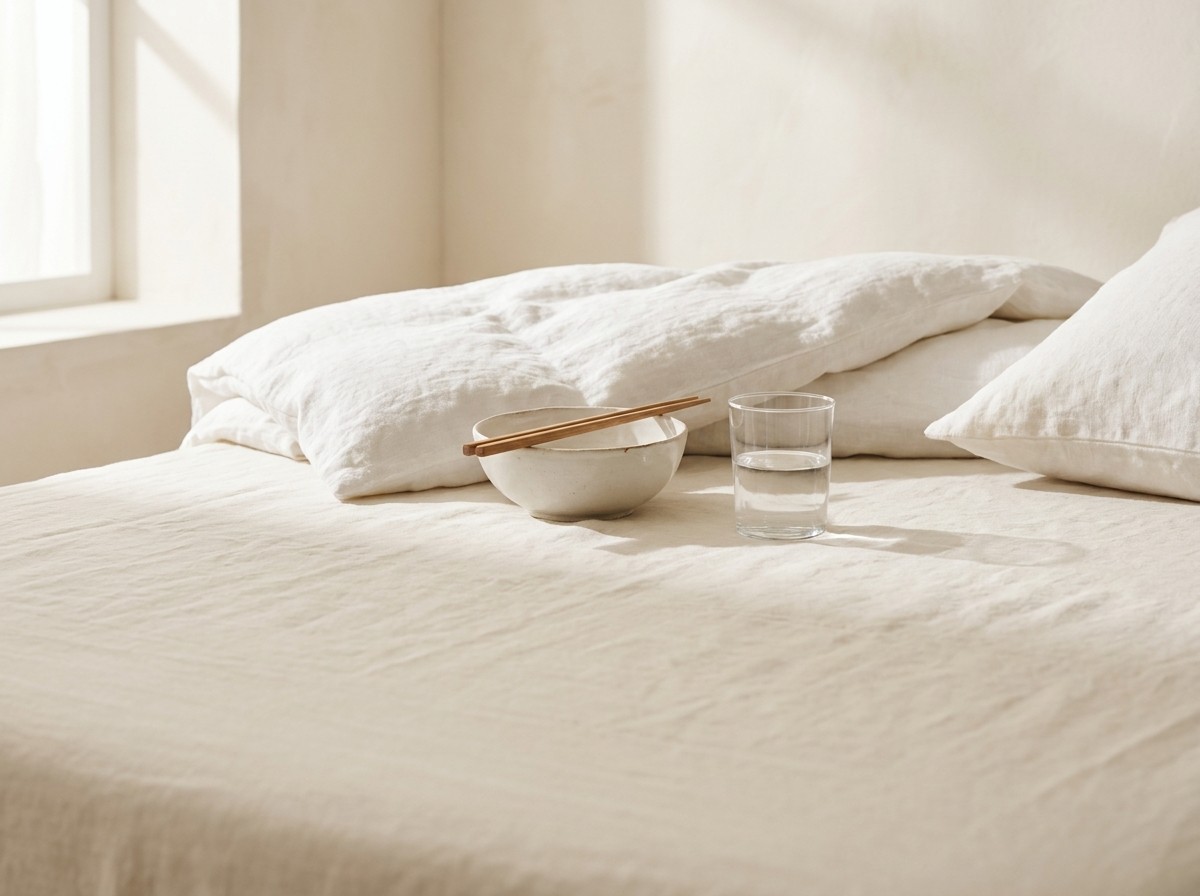 A white linen pillow and duvet, an empty ceramic rice bowl with wooden chopsticks and a clear glass of water grouped on a cream linen bed in soft window light.