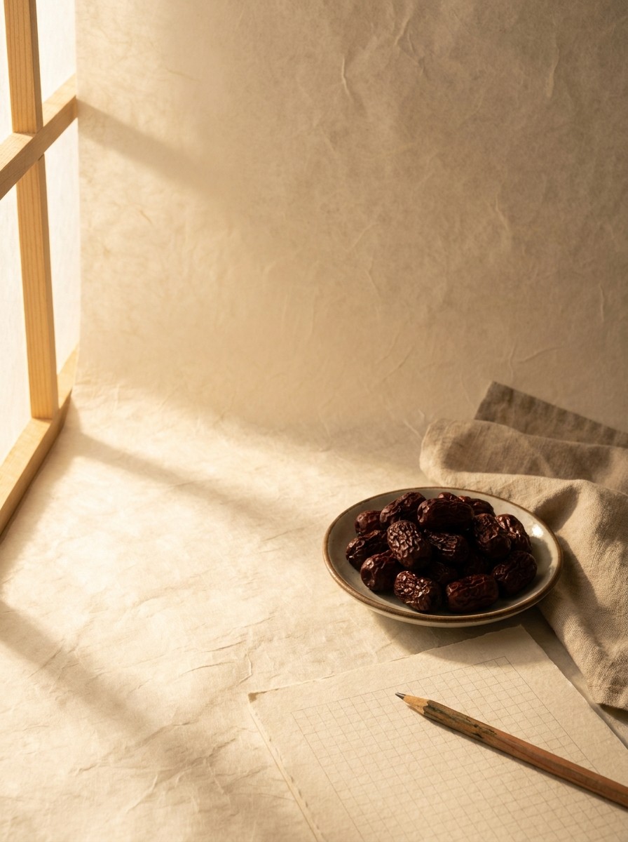 A small dish of dried jujubes, a folded linen cloth, a blank grid notebook page and a wooden pencil at the lower-right of sunlit cream hanji paper, with bright empty space at the upper-left.