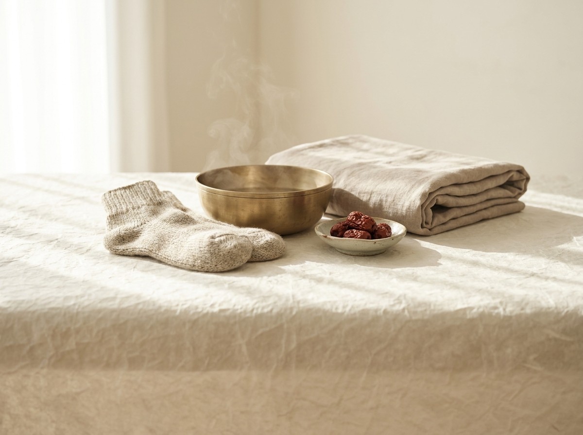 Knitted wool bed socks, a brass basin of steaming water, a folded linen blanket and a dish of dried jujubes grouped on hanji paper in soft window light.