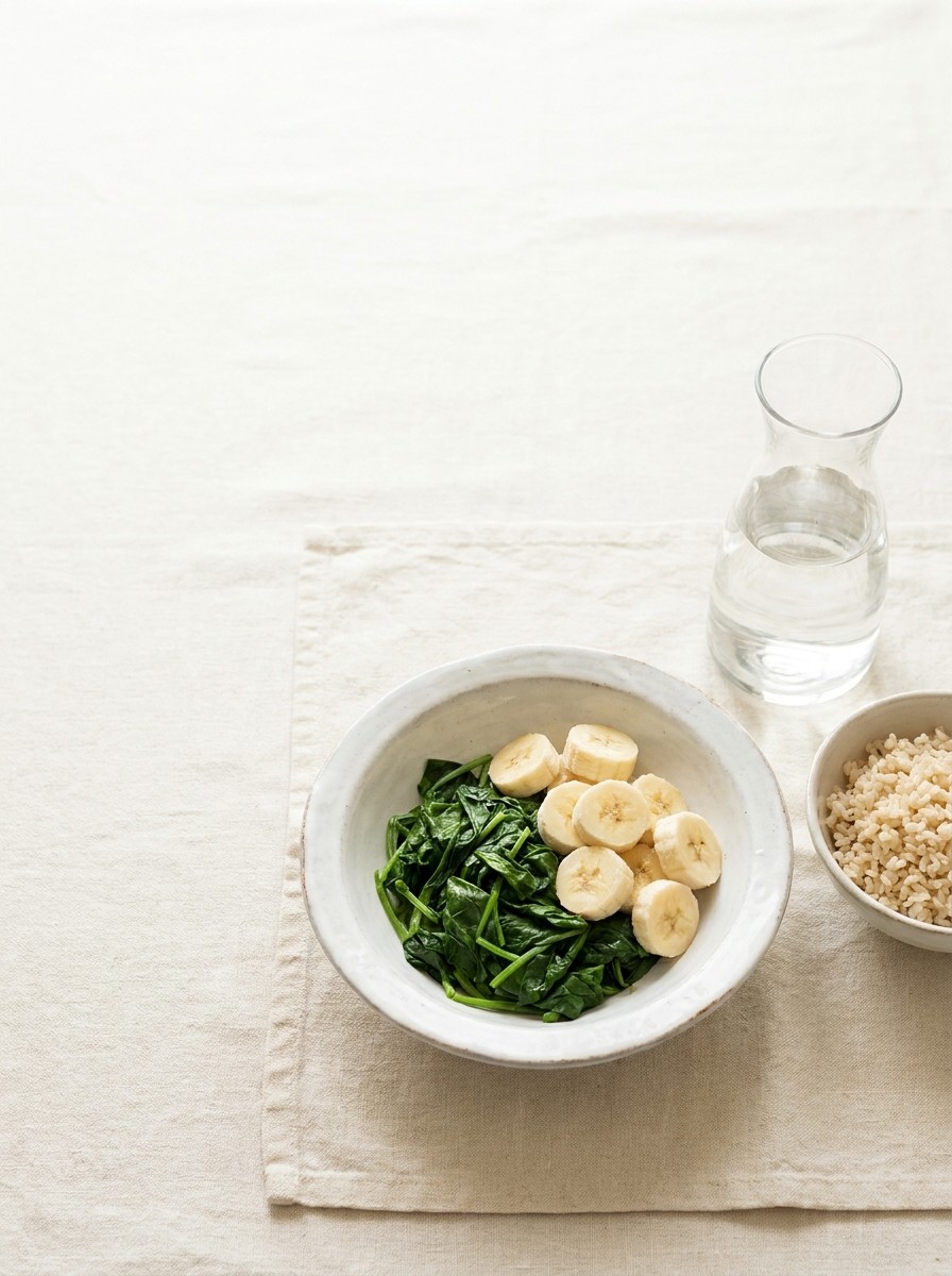 A white bowl of steamed spinach and sliced banana, a small bowl of brown rice and a glass carafe of water at the lower-right of cream linen, with bright empty space at the upper-left.