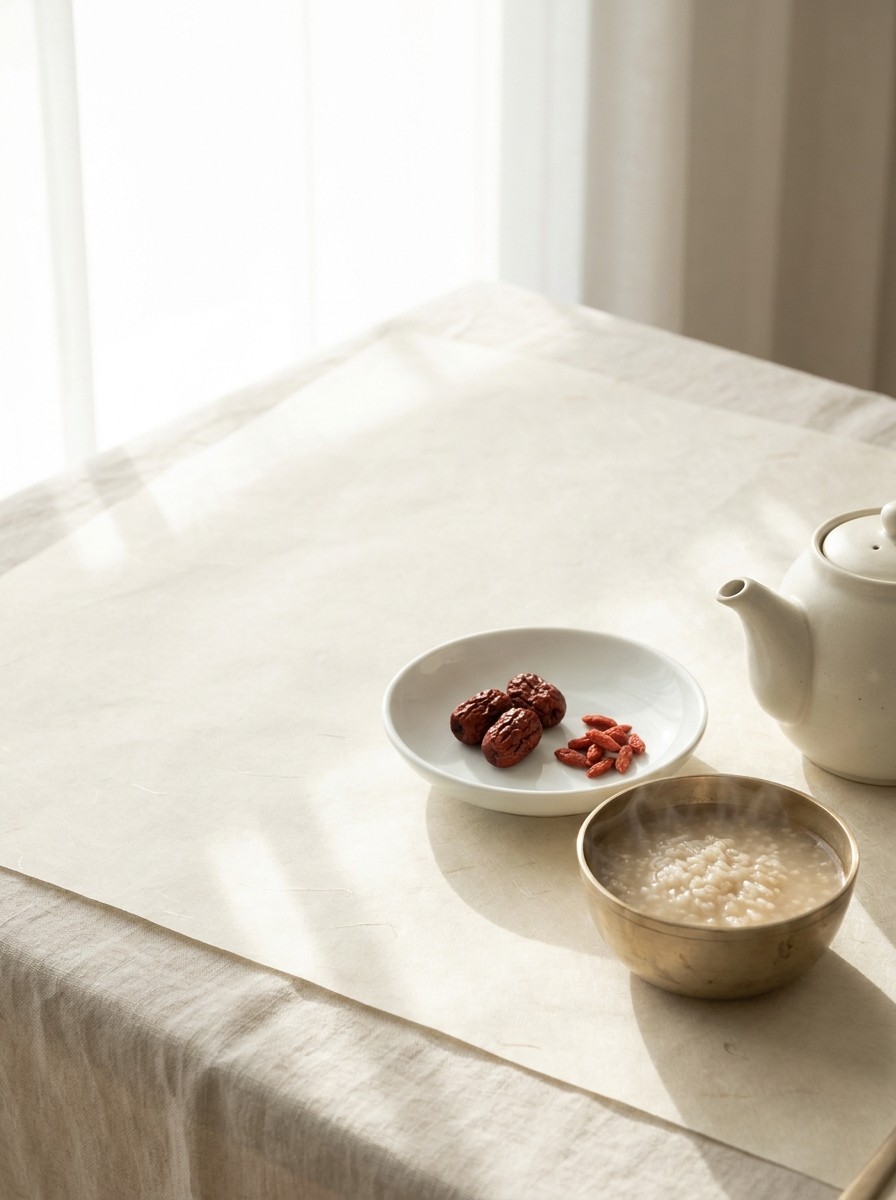 A porcelain dish of dried jujubes and goji berries, a brass bowl of warm rice porridge and a ceramic teapot at the lower-right of cream hanji paper, with bright empty space at the upper-left.