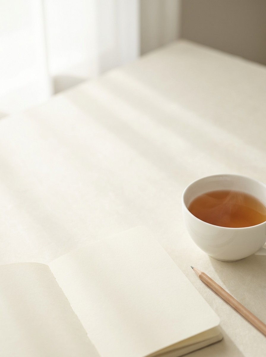 An open blank notebook with a pencil and a white porcelain cup of tea pushed to the lower-right of cream hanji, the upper-left left empty.