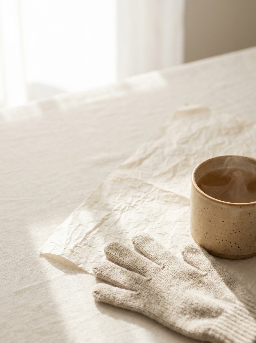 Knitted wool gloves and a warm mug of ginger tea pushed to the lower-right of cream linen and hanji, the upper-left left empty in soft window light.