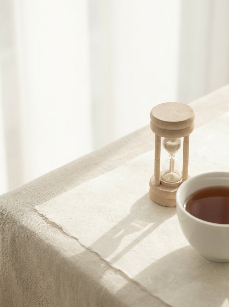 A small wooden hourglass and a cup of warm tea at the lower-right of cream hanji paper, with bright empty space at the upper-left.