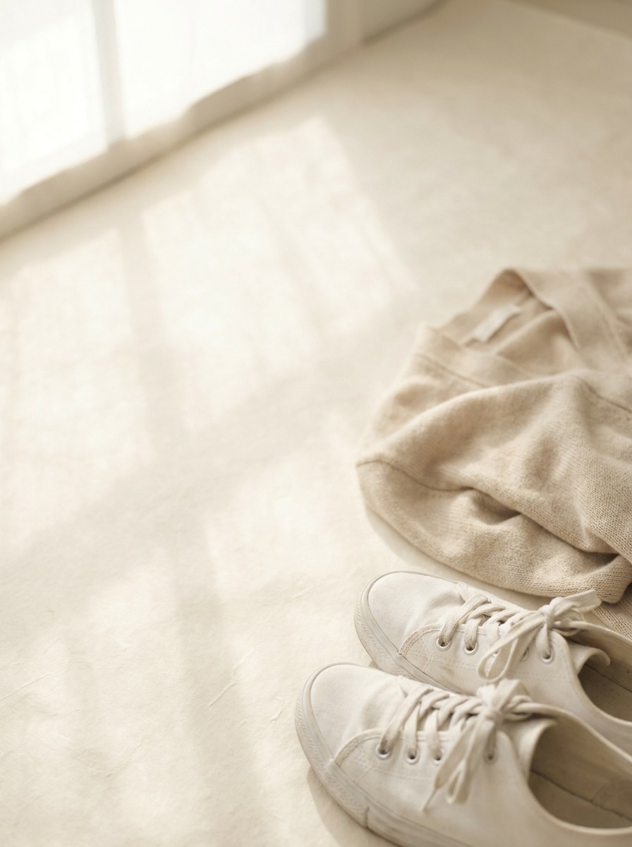 A pair of white canvas sneakers and a folded light cardigan pushed to the lower-right of cream hanji, the upper-left left empty.