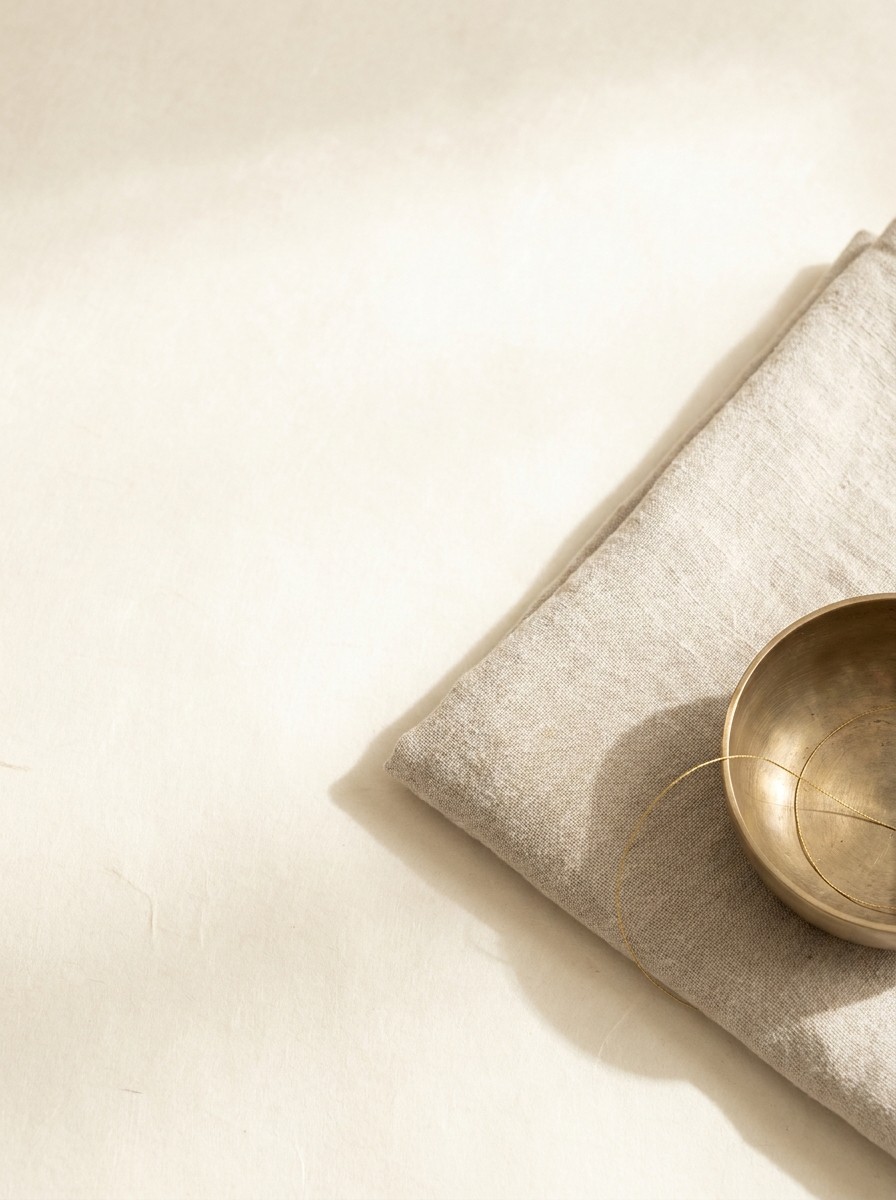 A folded linen blanket and a small brass bowl with a gold thread pushed to the lower-right of cream hanji paper, the upper-left left empty.