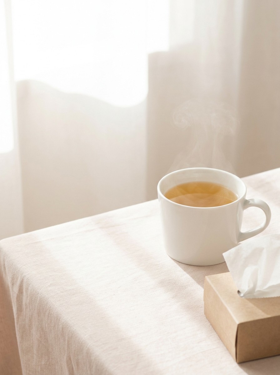 A white mug of warm barley tea with gentle steam and a box of tissues on cream linen, with open space at upper left.