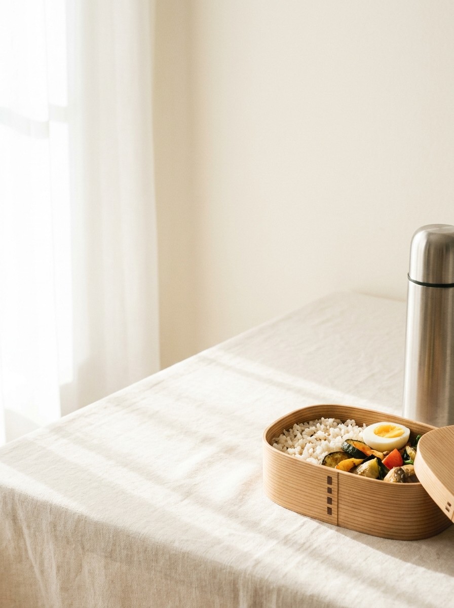 An open lunchbox with rice, vegetables and a boiled egg and a stainless thermos pushed to the lower-right of cream linen, the upper-left left empty.
